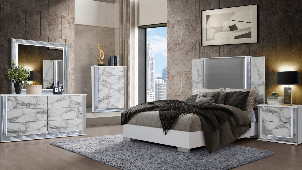 Ylime White Marble LED Bedroom Collection