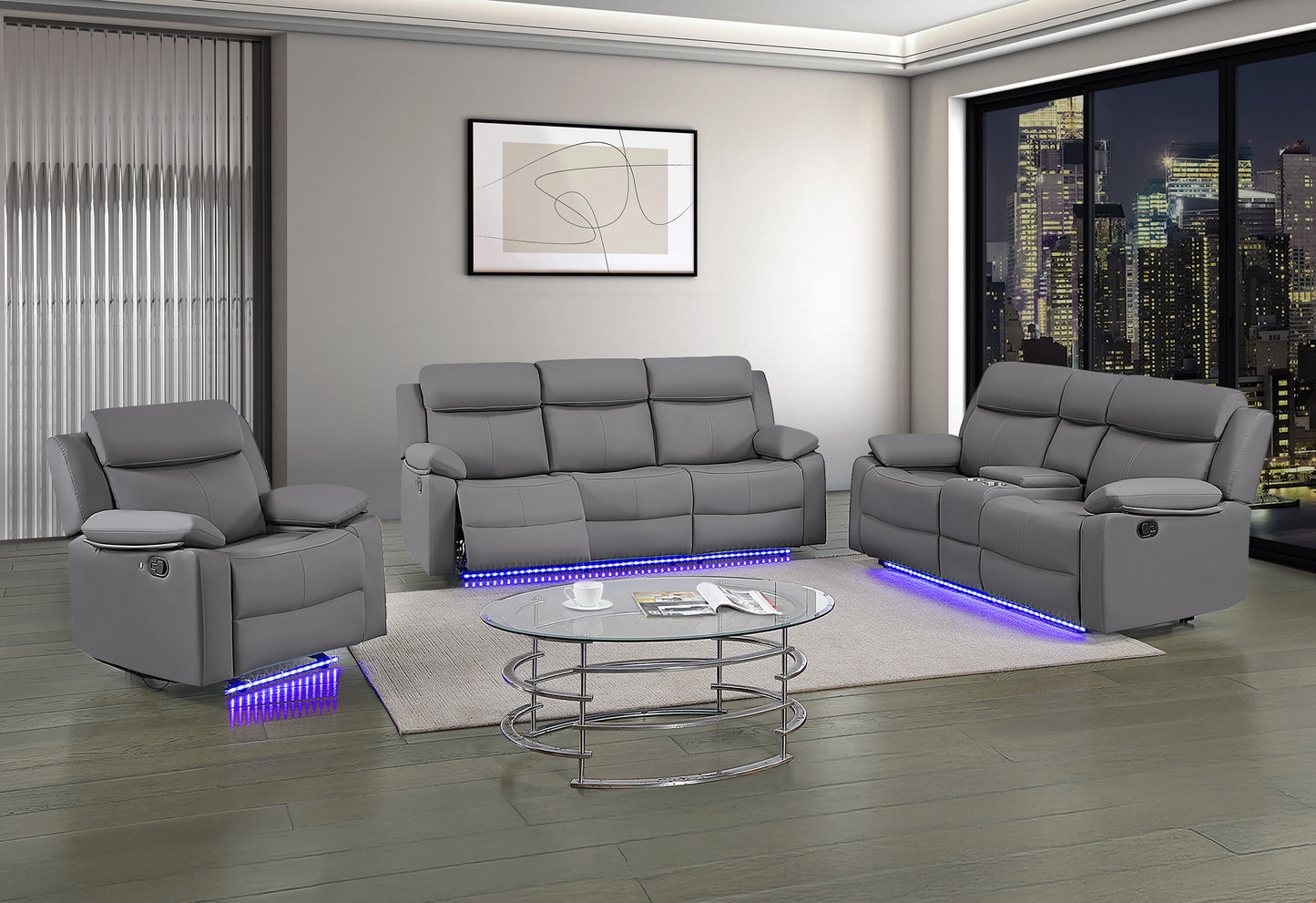 LED Reclining Sofa Set with Console & Glider Recliner