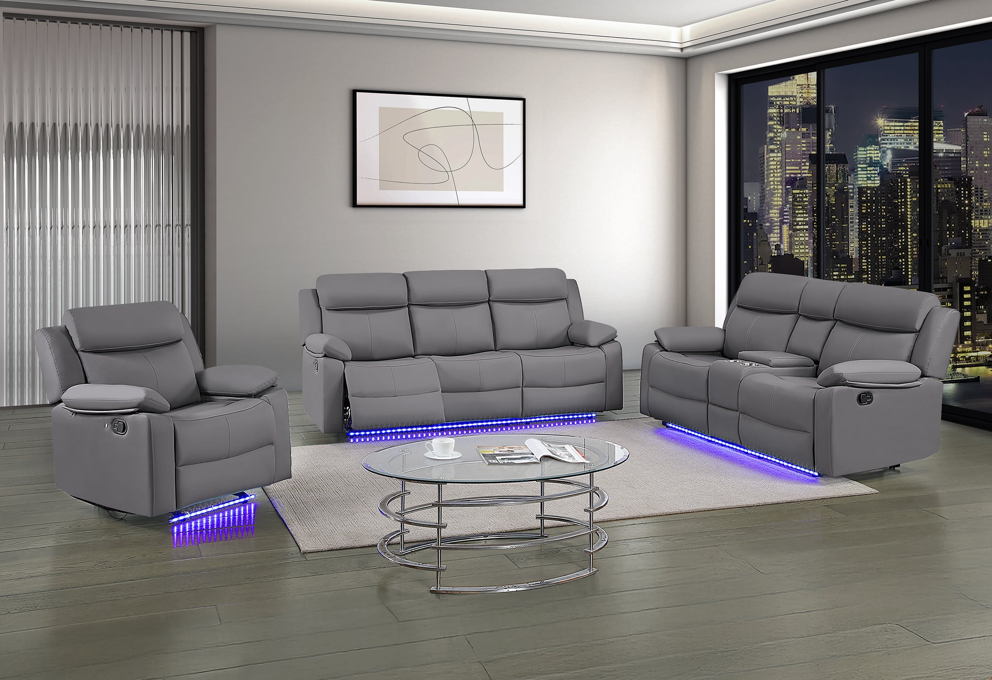 LED Reclining Sofa Set with Console & Glider Recliner
