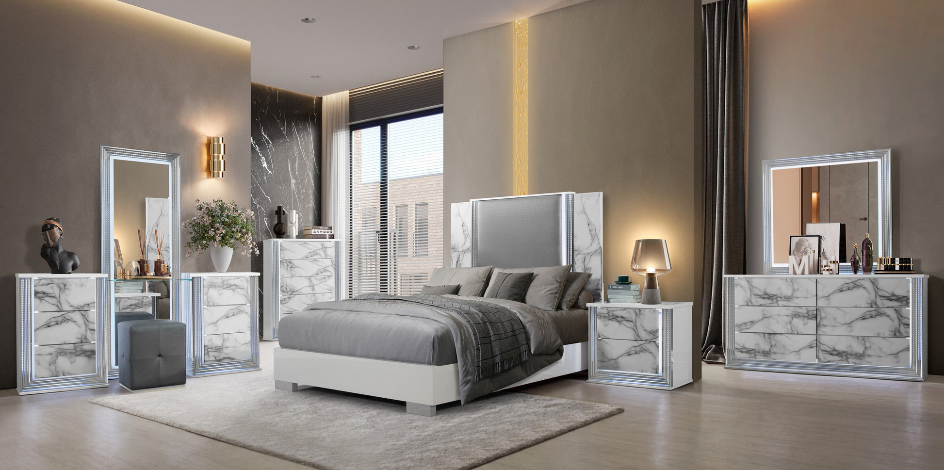 Ylime White Marble LED Bedroom Collection