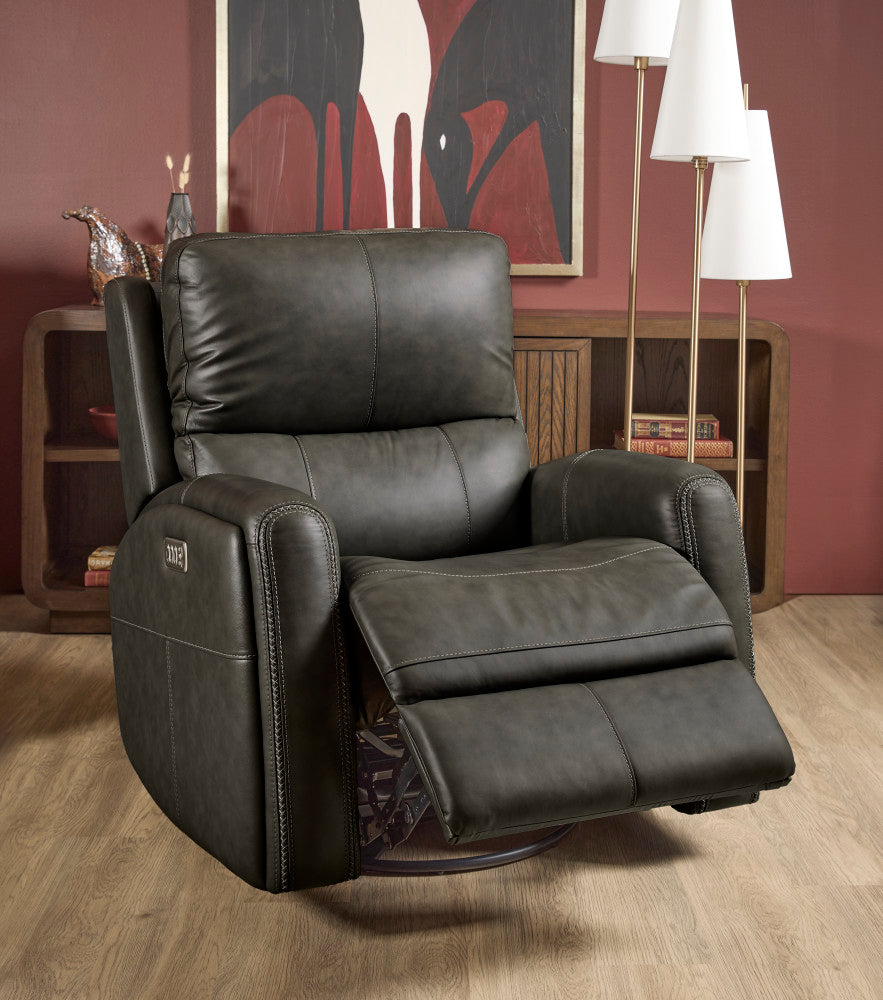 Linden Power Swivel Gliding Recliner with Power Headrest, Lumbar, Heat & Massage - Black