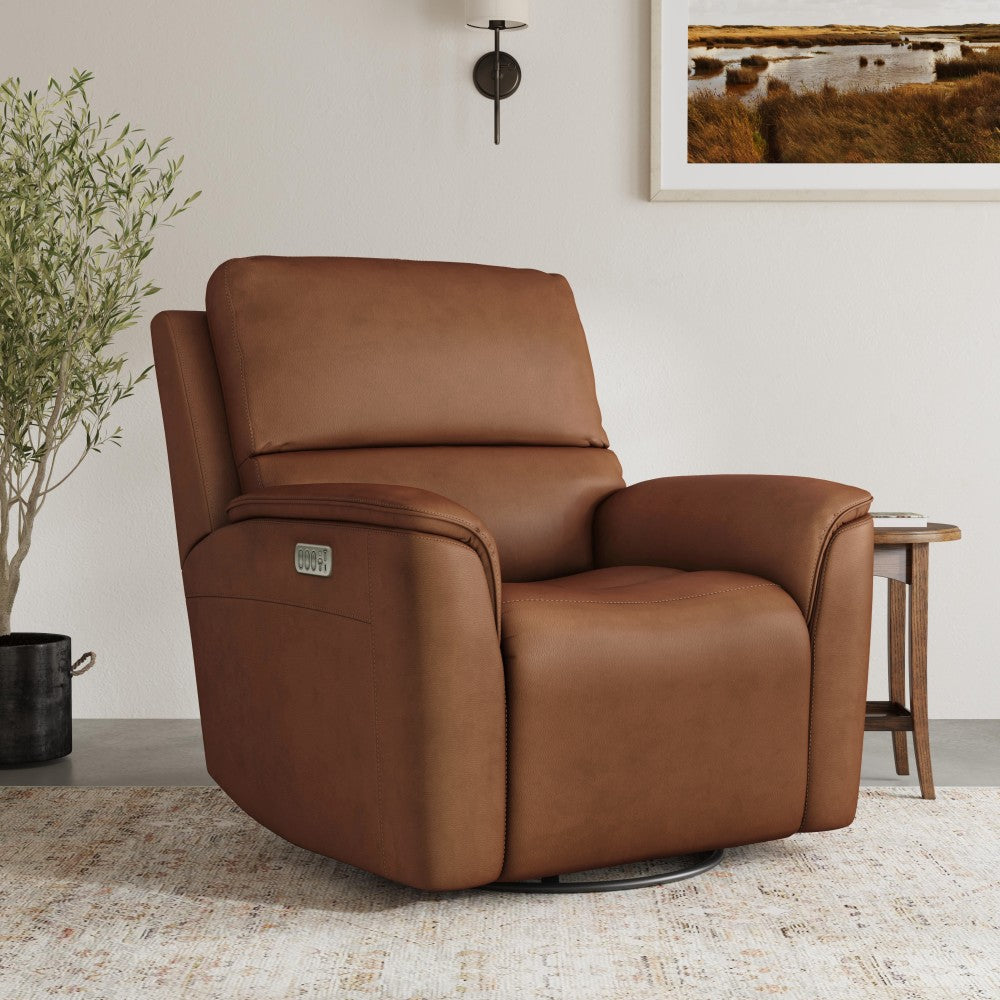 Henry Power Swivel Gliding Recliner with Power Headrest, Lumbar, Heat & Massage - Brown
