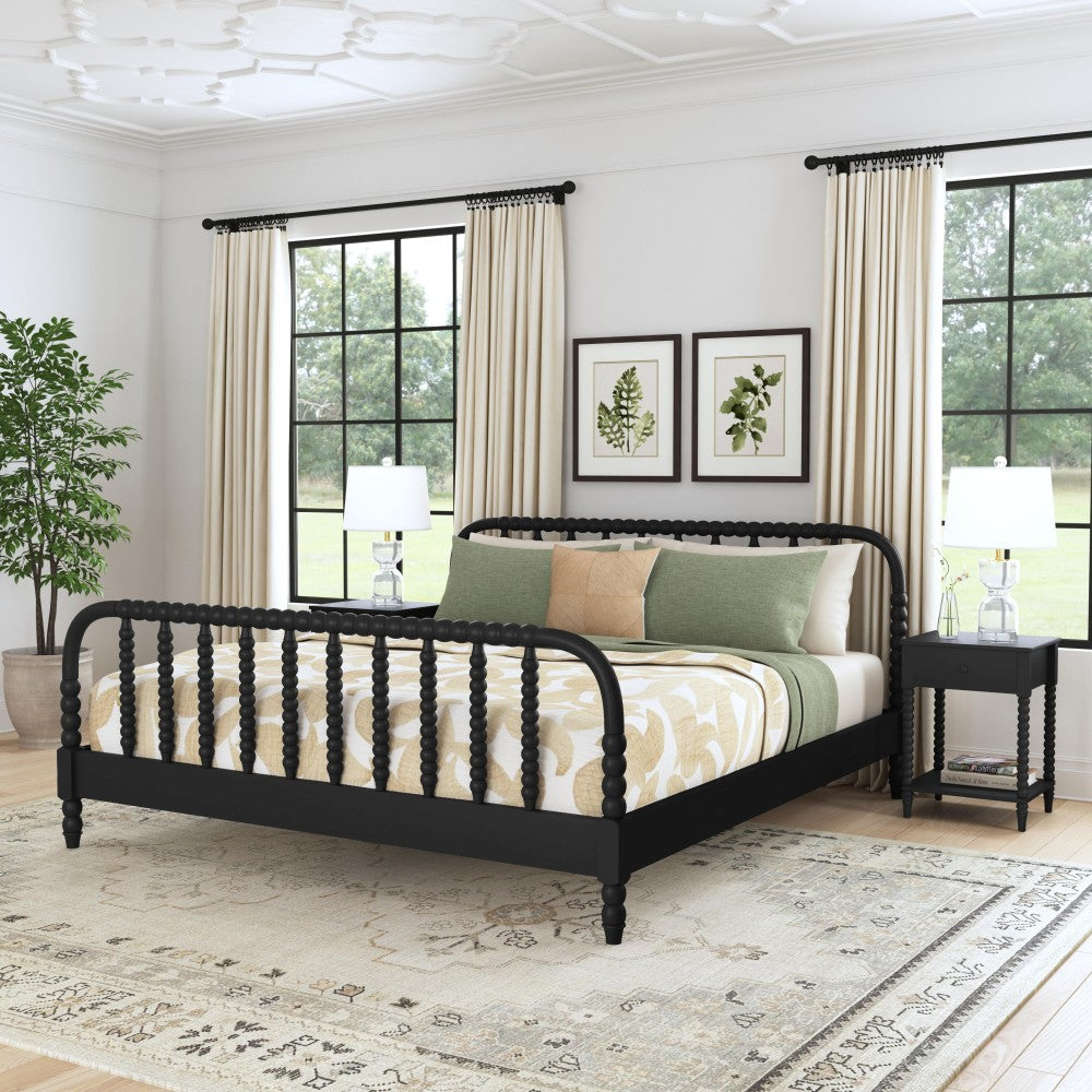 Spindle King Bed and Two Nightstands - Black