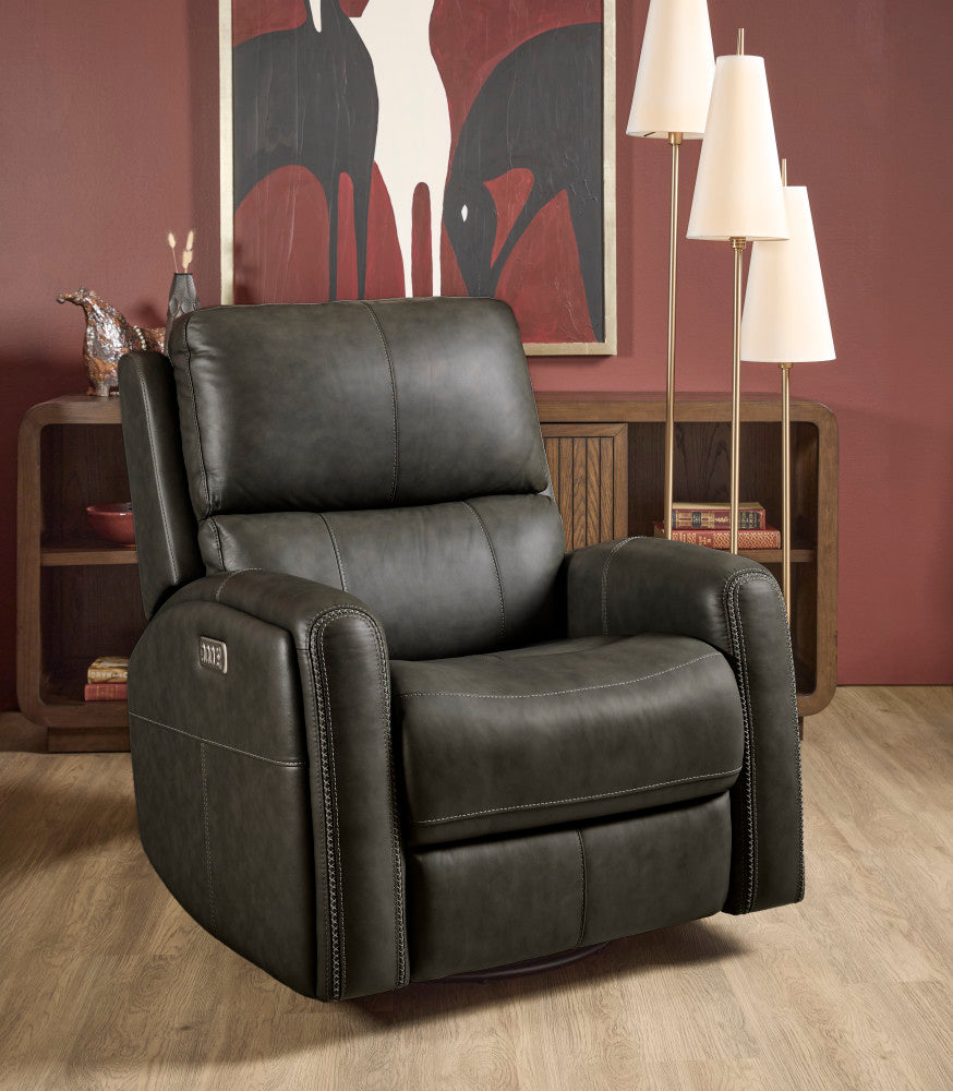 Linden Power Swivel Gliding Recliner with Power Headrest, Lumbar, Heat & Massage - Black