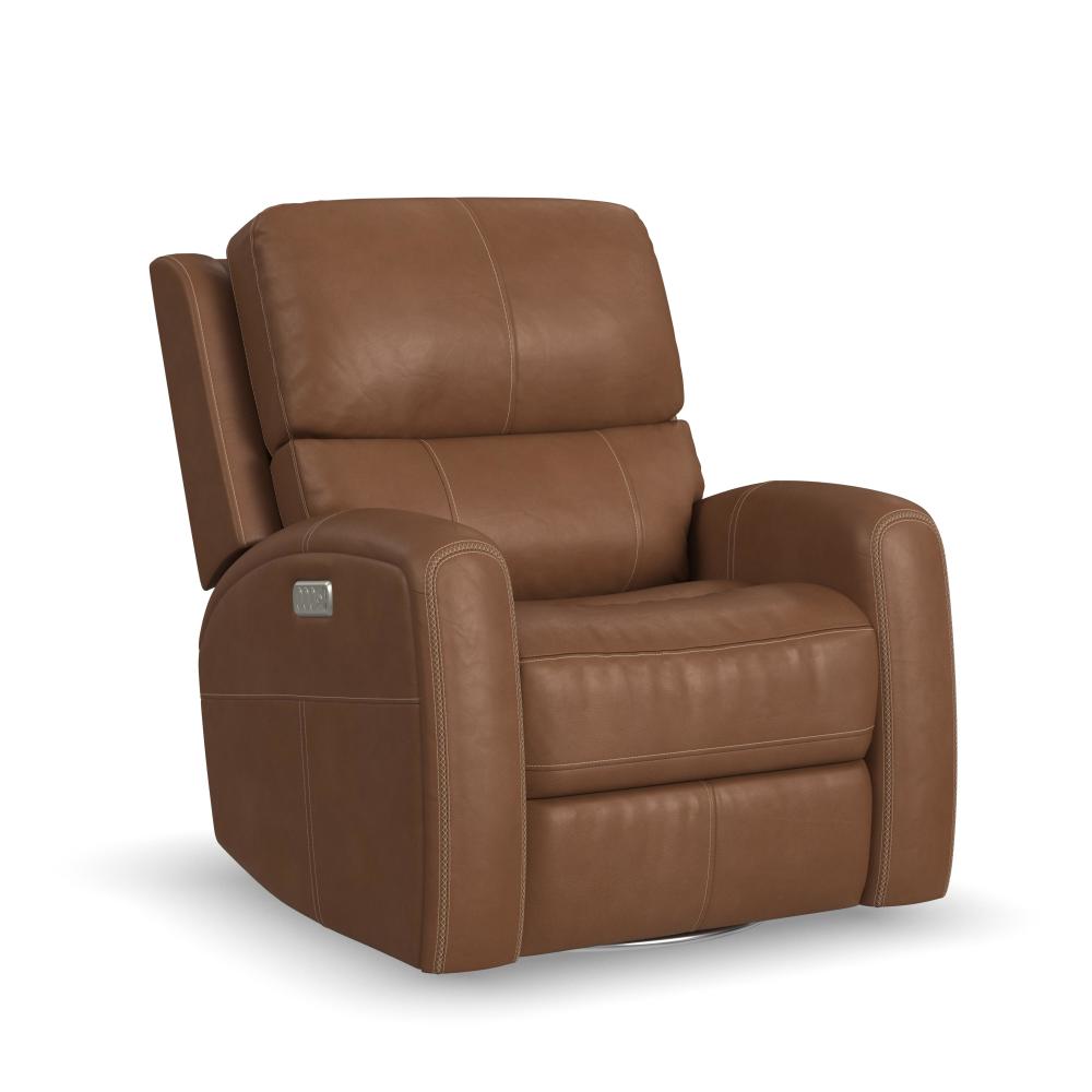 Linden Power Swivel Gliding Recliner with Power Headrest, Lumbar, Heat & Massage - Brown