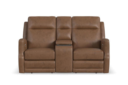 Maxwell Power Reclining Loveseat with Console, Power Headrests and Lumbar - Brown