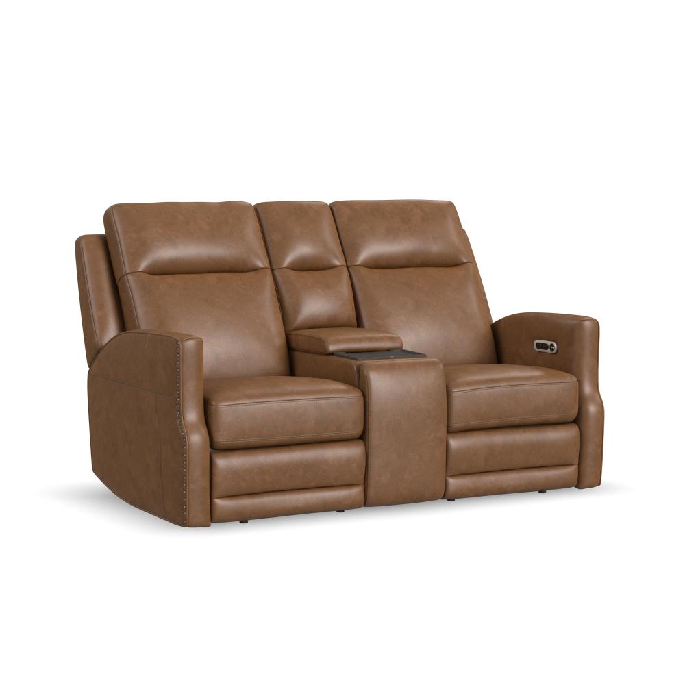 Maxwell Power Reclining Loveseat with Console, Power Headrests and Lumbar - Brown