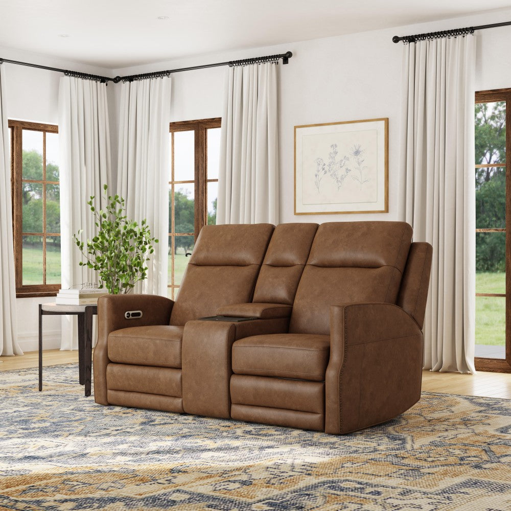 Maxwell Power Reclining Loveseat with Console, Power Headrests and Lumbar - Brown