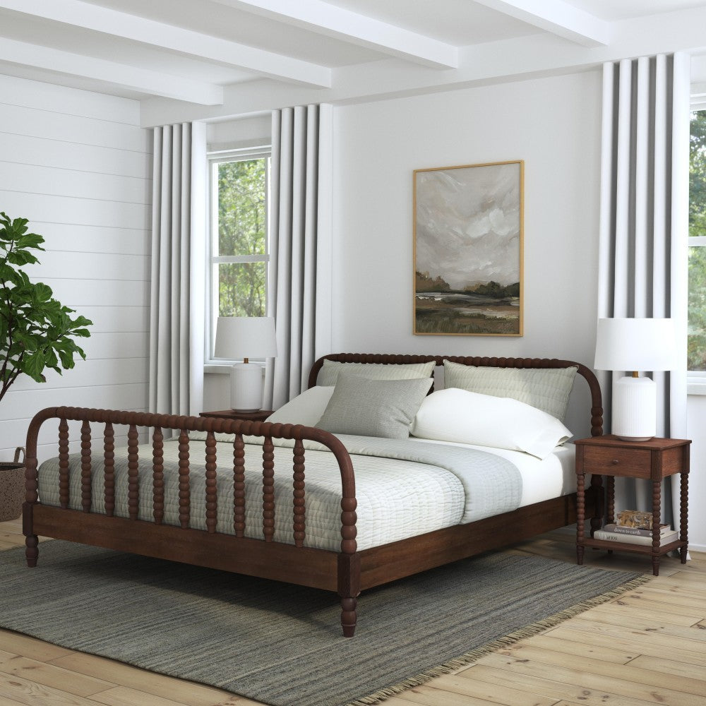 Spindle King Bed and Two Nightstands - Brown